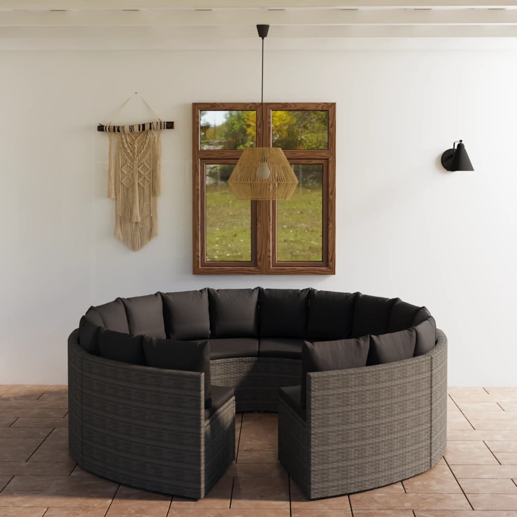 8-delige Loungeset met kussens poly rattan grijs