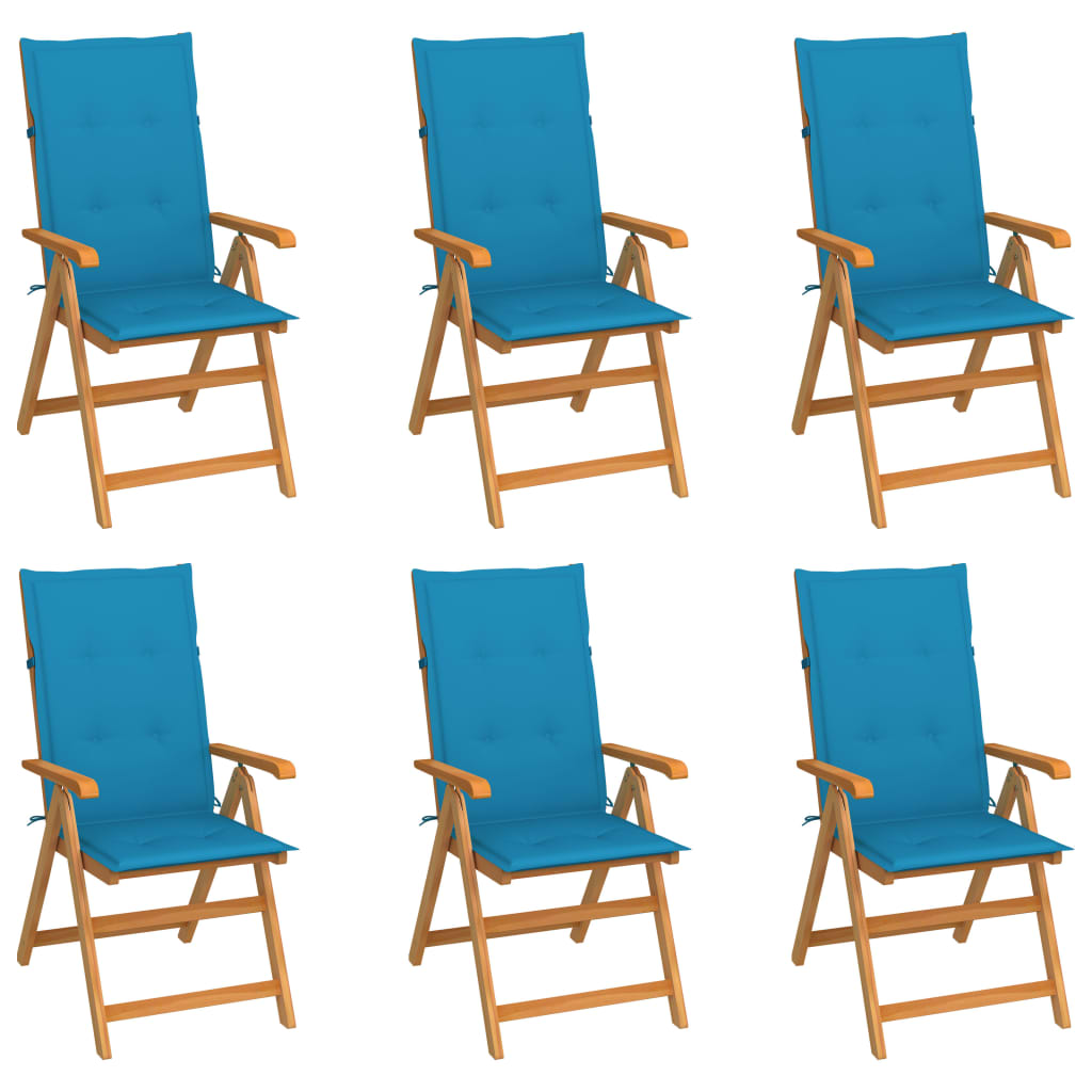 Tuinstoelen 6 st met blauwe kussens massief teakhout
