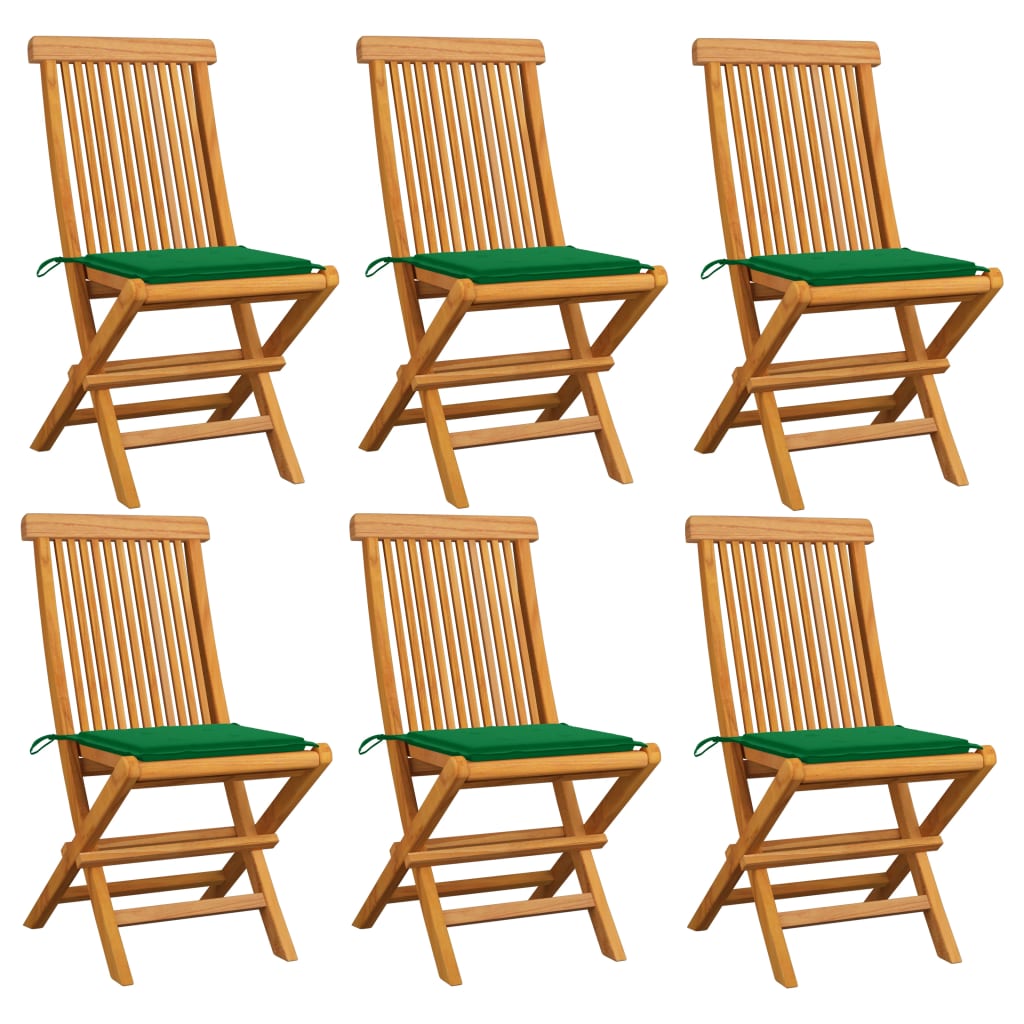 Tuinstoelen 6 st met groene kussens massief teakhout