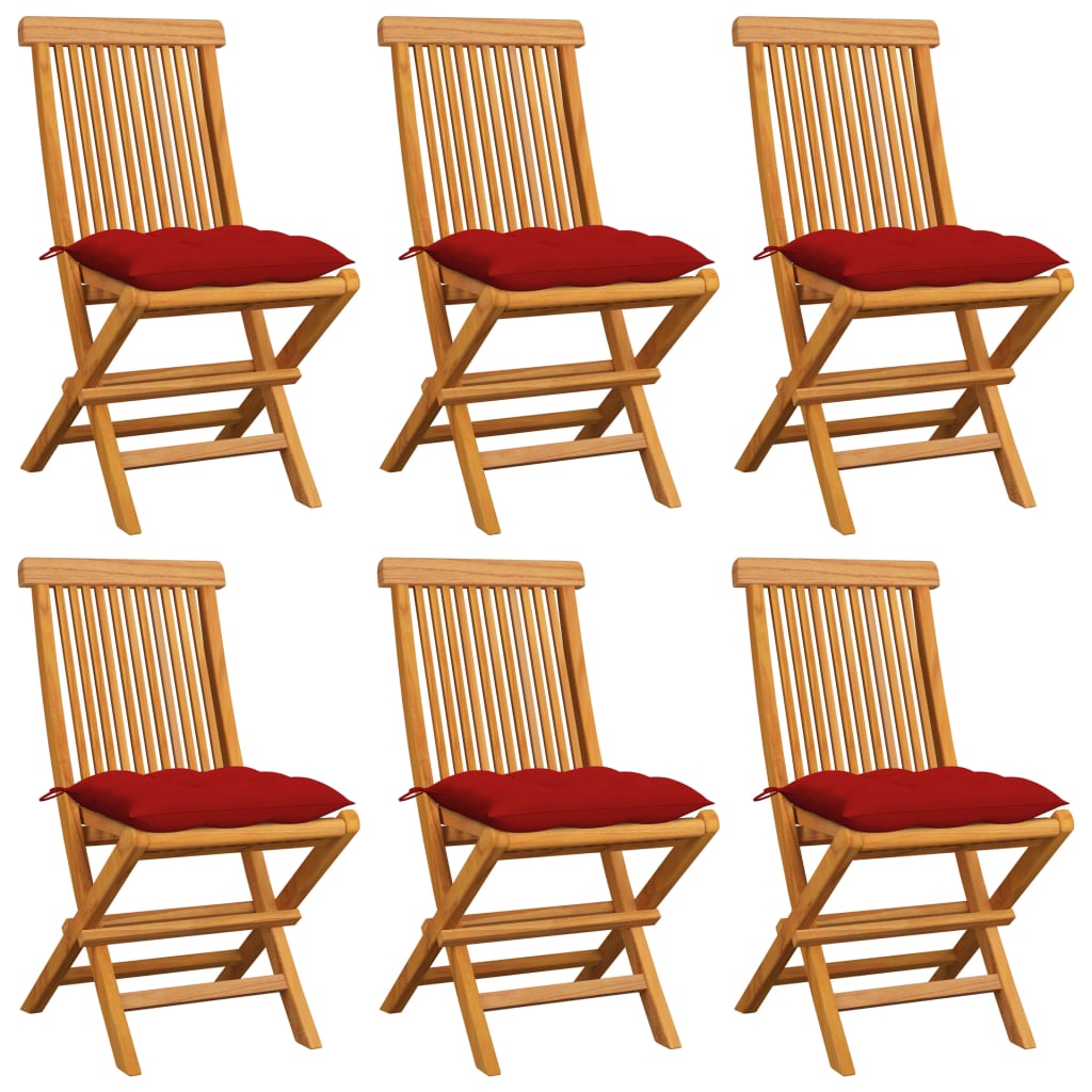 Tuinstoelen 6 st met rode kussens massief teakhout – afbeelding 1