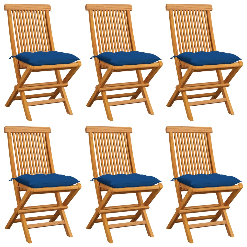 Tuinstoelen 6 st met blauwe kussens massief teakhout – afbeelding 1
