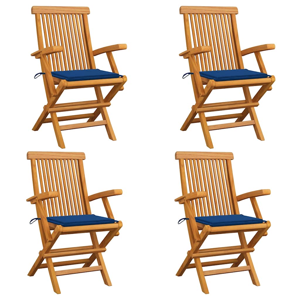 Tuinstoelen 4 st met koningsblauwe kussens massief teakhout