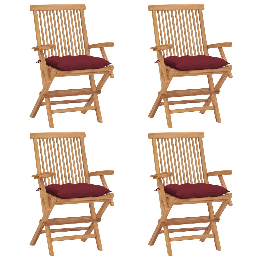 Tuinstoelen 4 st met wijnrode kussens massief teakhout – afbeelding 1