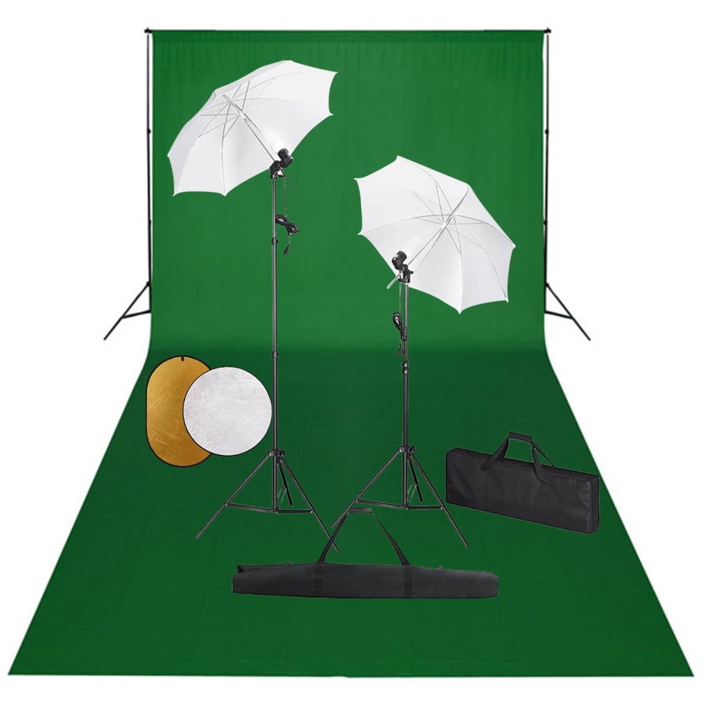 Fotostudioset met lampen, paraplu's, achtergrond en reflector – afbeelding 1