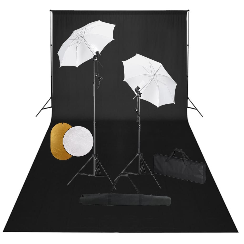 Fotostudioset met lampen, paraplu's, achtergrond en reflector – afbeelding 1