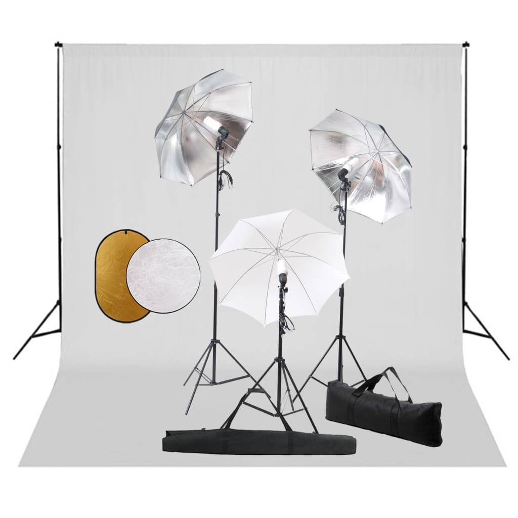 Fotostudioset met lampen, paraplu's, achtergrond en reflector – afbeelding 1