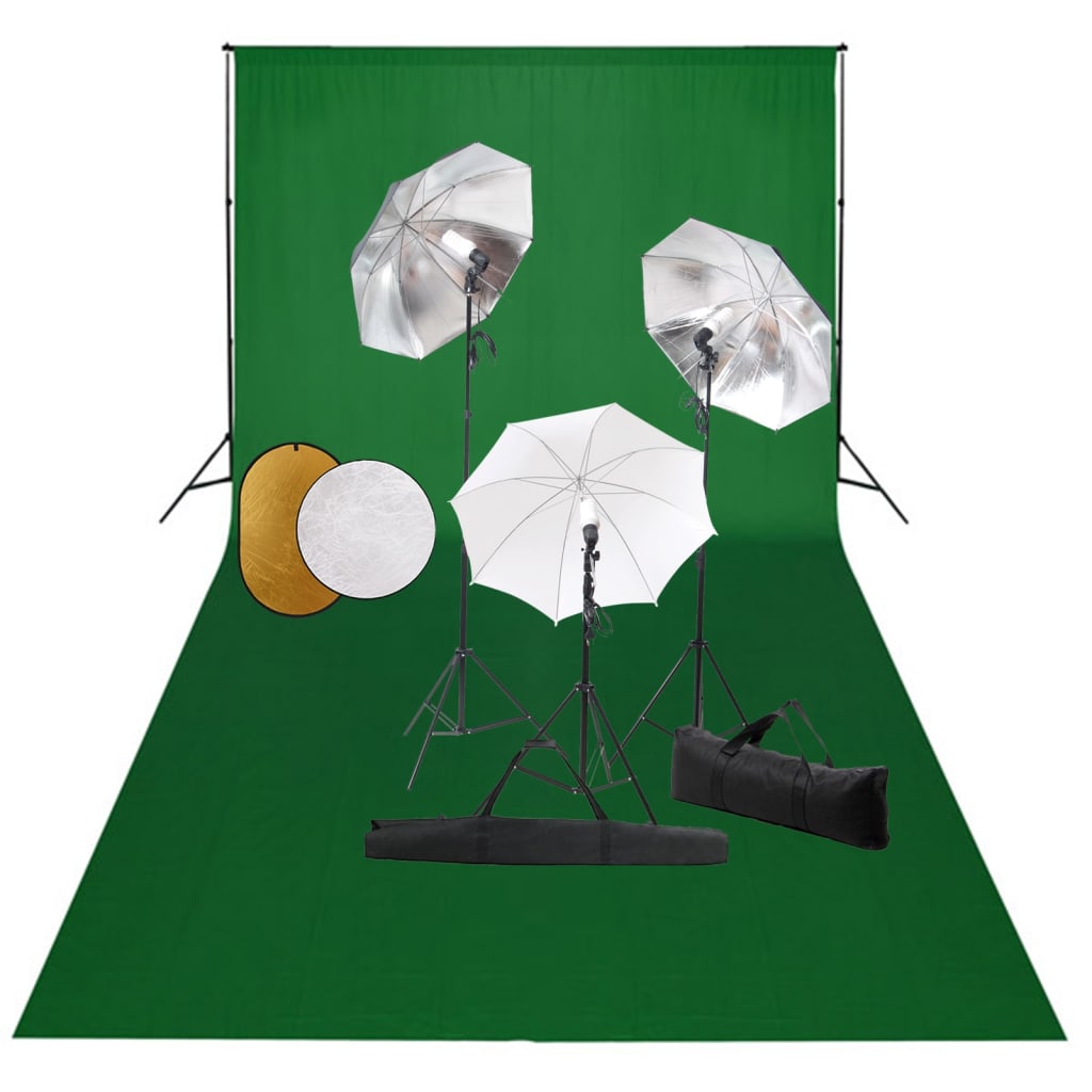 Fotostudioset met lampen, paraplu's, achtergrond en reflector – afbeelding 1
