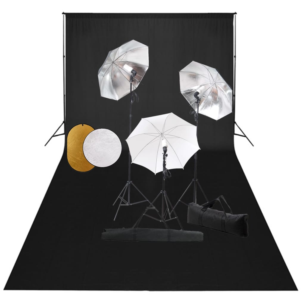 Fotostudioset met lampen, paraplu's, achtergrond en reflector – afbeelding 1