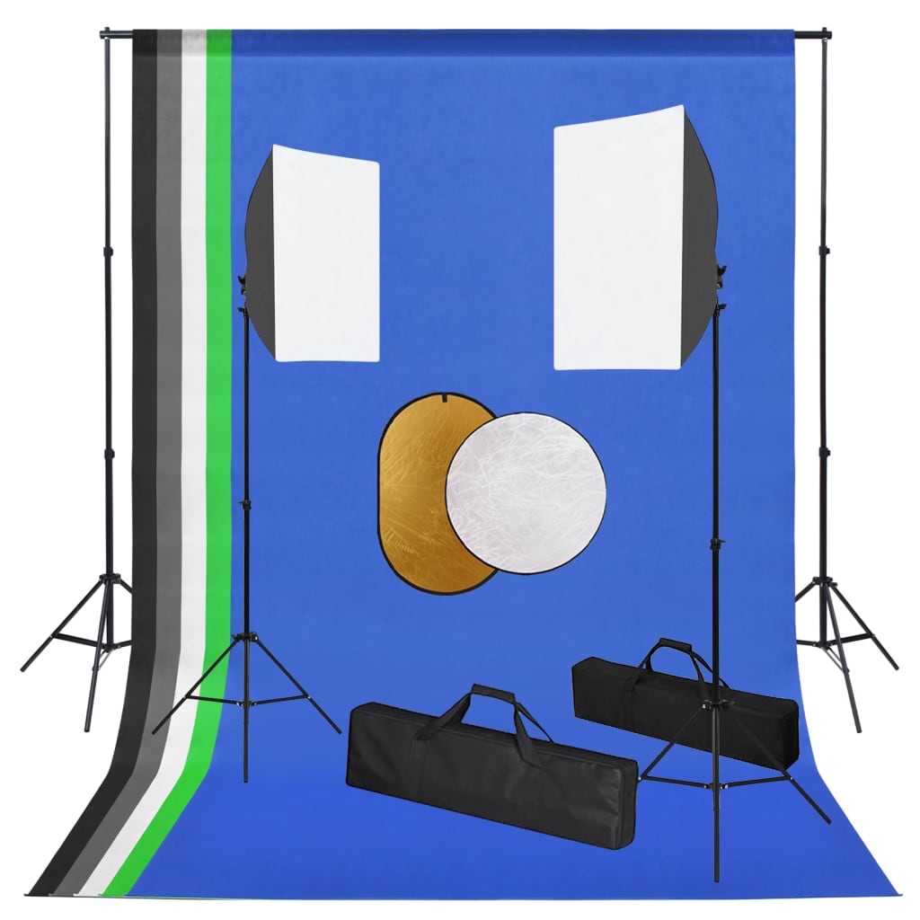 Fotostudioset met lampen, achtergrond en reflector