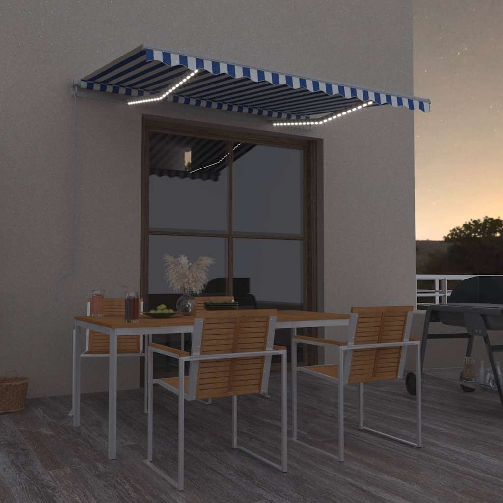 Luifel handmatig uittrekbaar met LED 300x250 cm blauw en wit