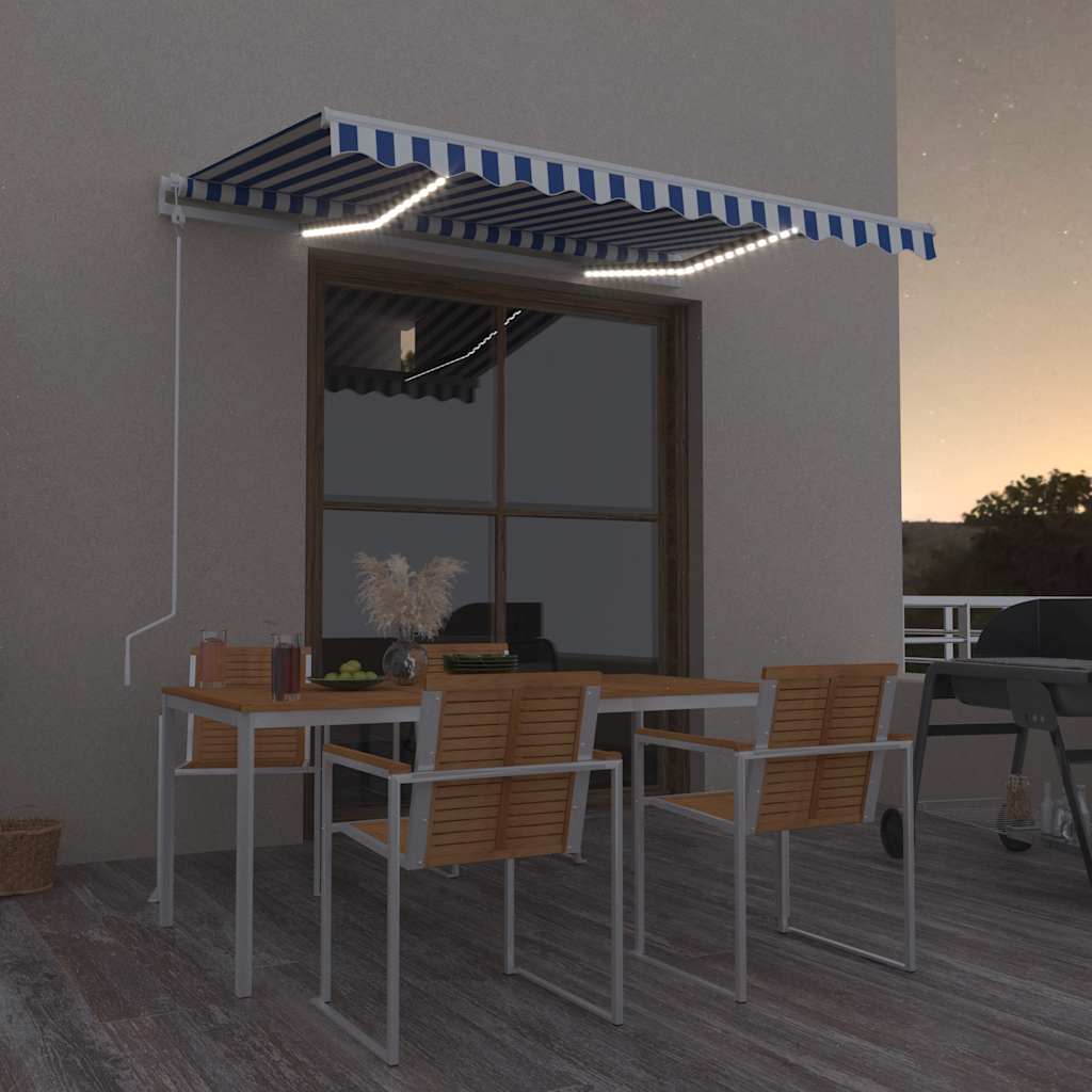 Luifel automatisch met LED en windsensor 350x250 cm blauw wit