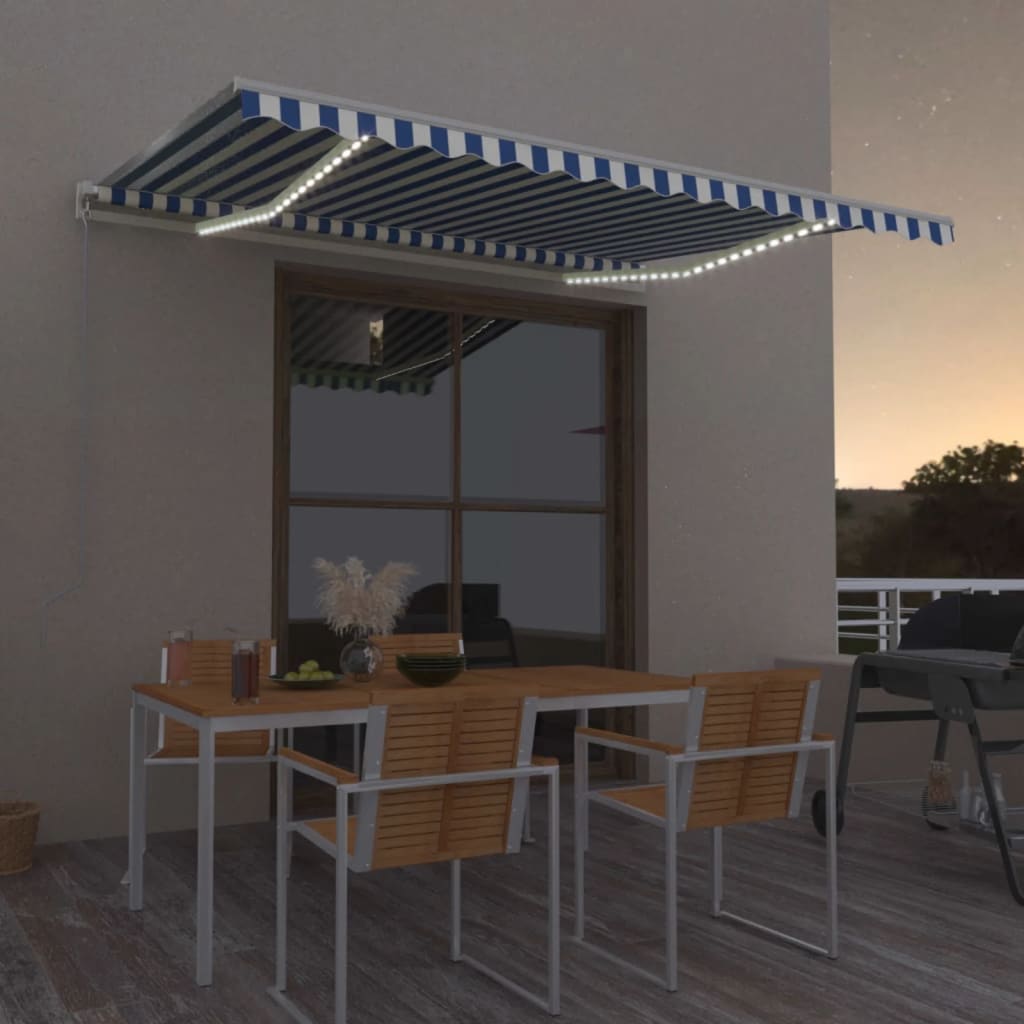 Luifel handmatig uittrekbaar met LED 450x300 cm blauw en wit – afbeelding 1