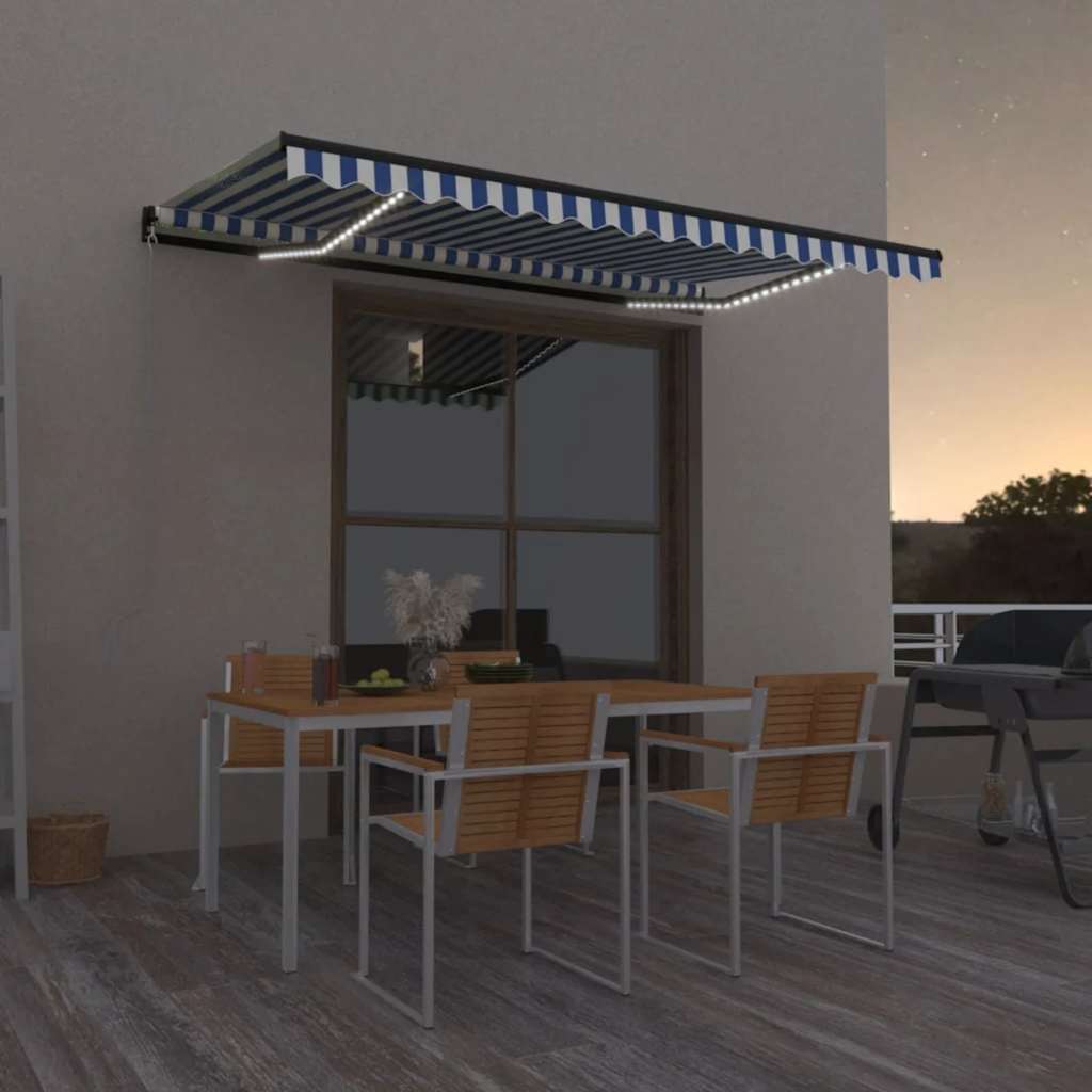 Luifel handmatig uittrekbaar met LED 450x300 cm blauw en wit