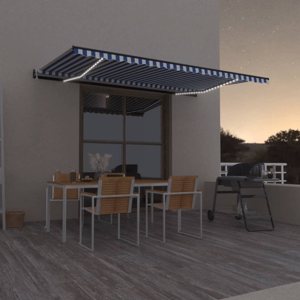 Luifel automatisch met LED en windsensor 500x300 cm blauw wit