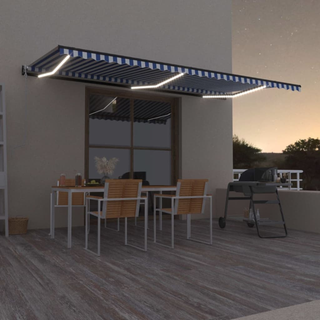 Luifel automatisch met LED en windsensor 600x300 cm blauw wit