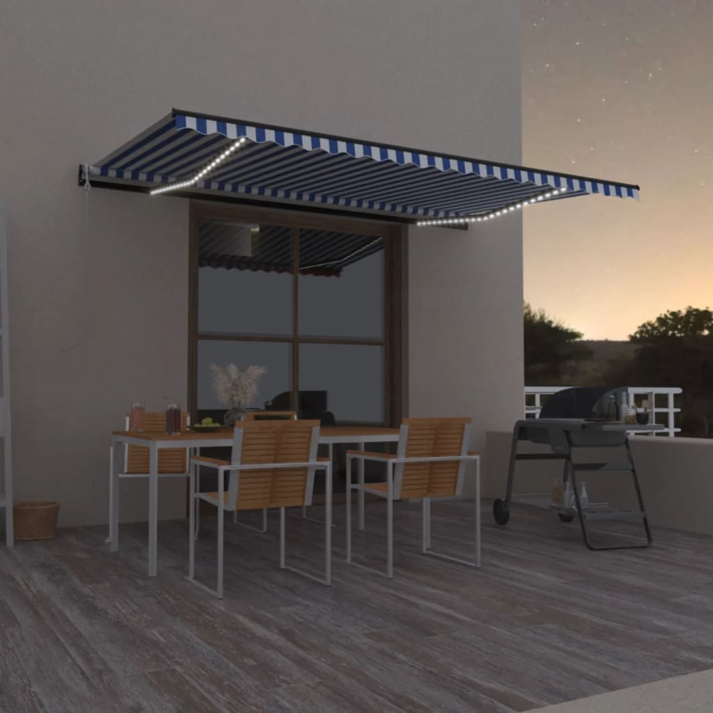 Luifel automatisch met LED en windsensor 500x350 cm blauw wit