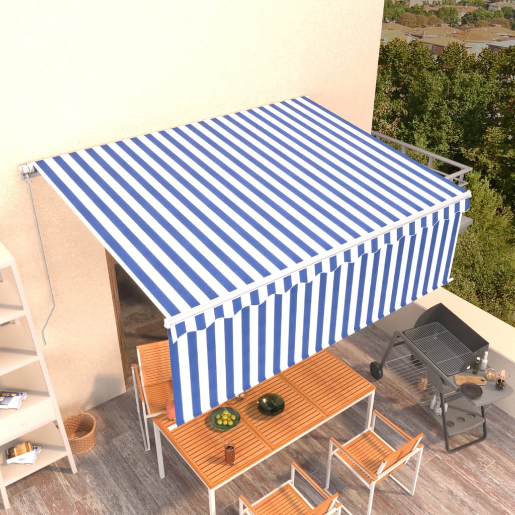 Luifel handmatig uittrekbaar met rolgordijn 4x3 m blauw en wit