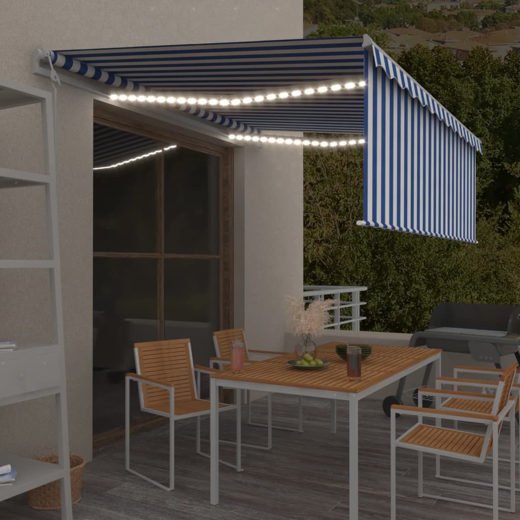 Luifel automatisch rolgordijn LED windsensor 4x3 m blauw en wit – afbeelding 1
