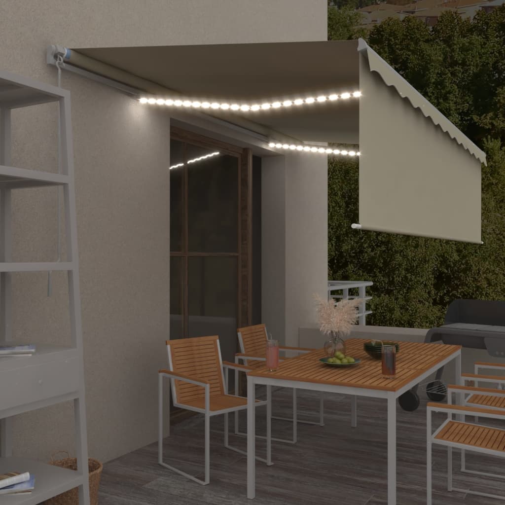 Luifel handmatig uittrekbaar met rolgordijn en LED 5x3 m crème – afbeelding 1