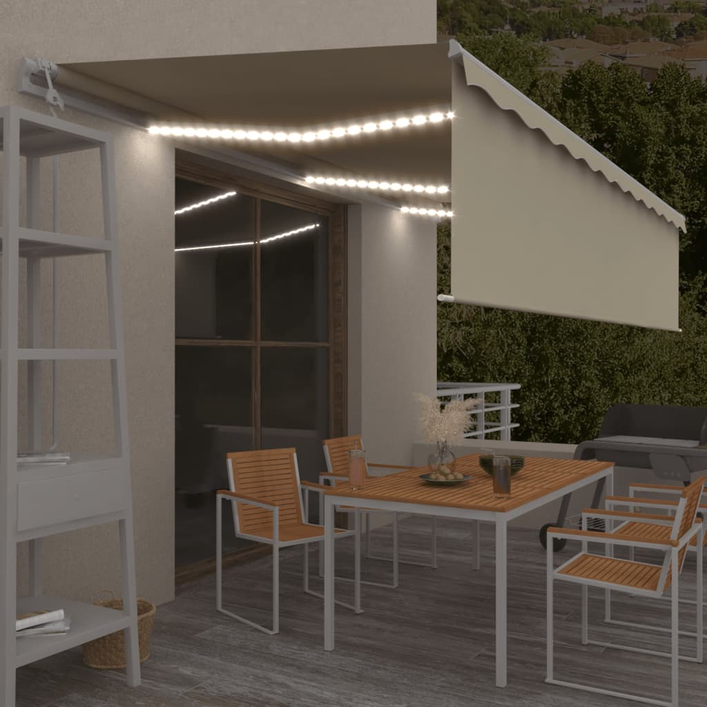 Luifel automatisch met rolgordijn LED windsensor 6x3 m crème – afbeelding 1
