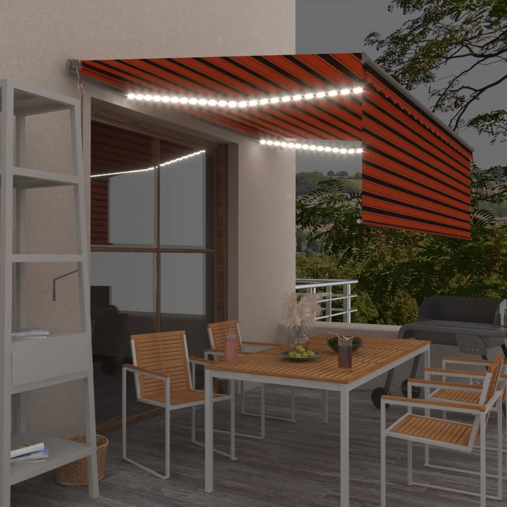 Luifel met rolgordijn, LED en windsensor 4x3 m oranje en bruin