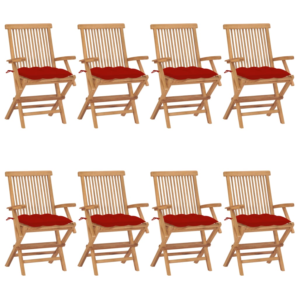 Tuinstoelen 8 st met rode kussens massief teakhout – afbeelding 1