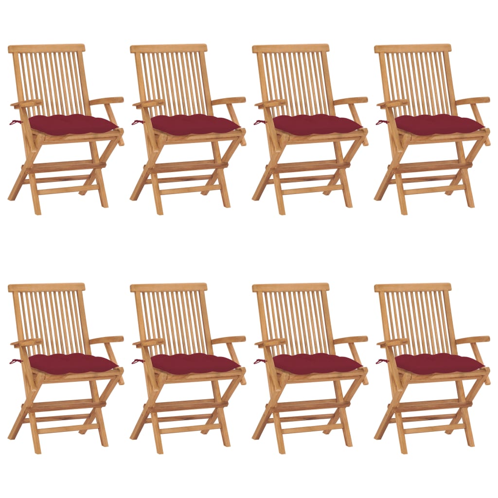 Tuinstoelen 8 st met wijnrode kussens massief teakhout – afbeelding 1