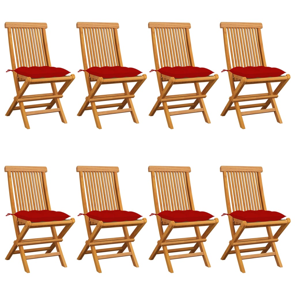 Tuinstoelen 8 st met rode kussens massief teakhout – afbeelding 1