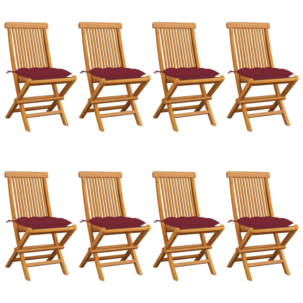 Tuinstoelen 8 st met wijnrode kussens massief teakhout – afbeelding 1