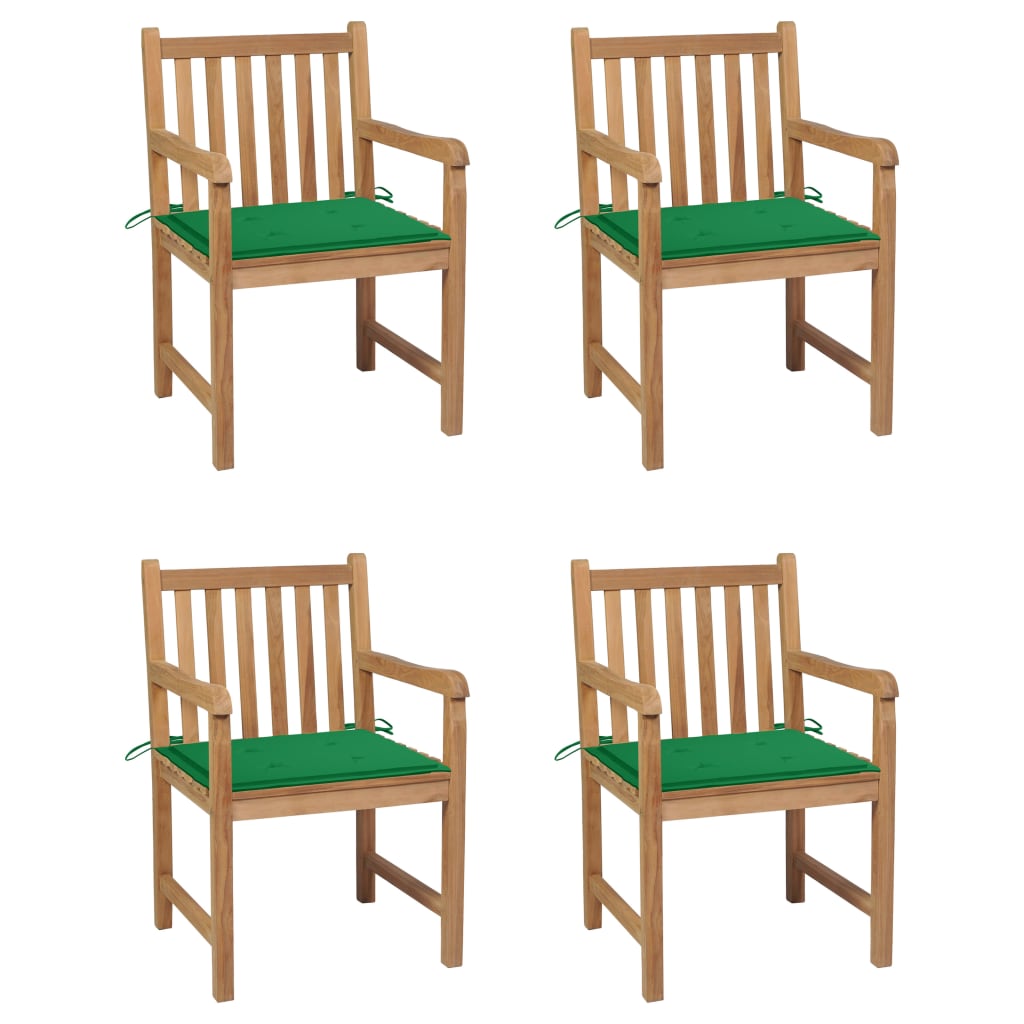 Tuinstoelen 4 st met groene kussens massief teakhout – afbeelding 1