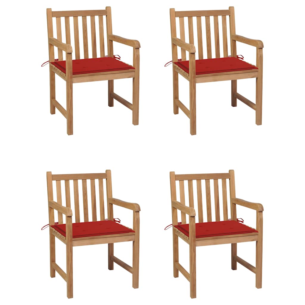 Tuinstoelen 4 st met rode kussens massief teakhout