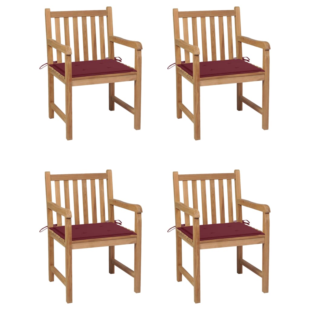 Tuinstoelen 4 st met wijnrode kussens massief teakhout – afbeelding 1