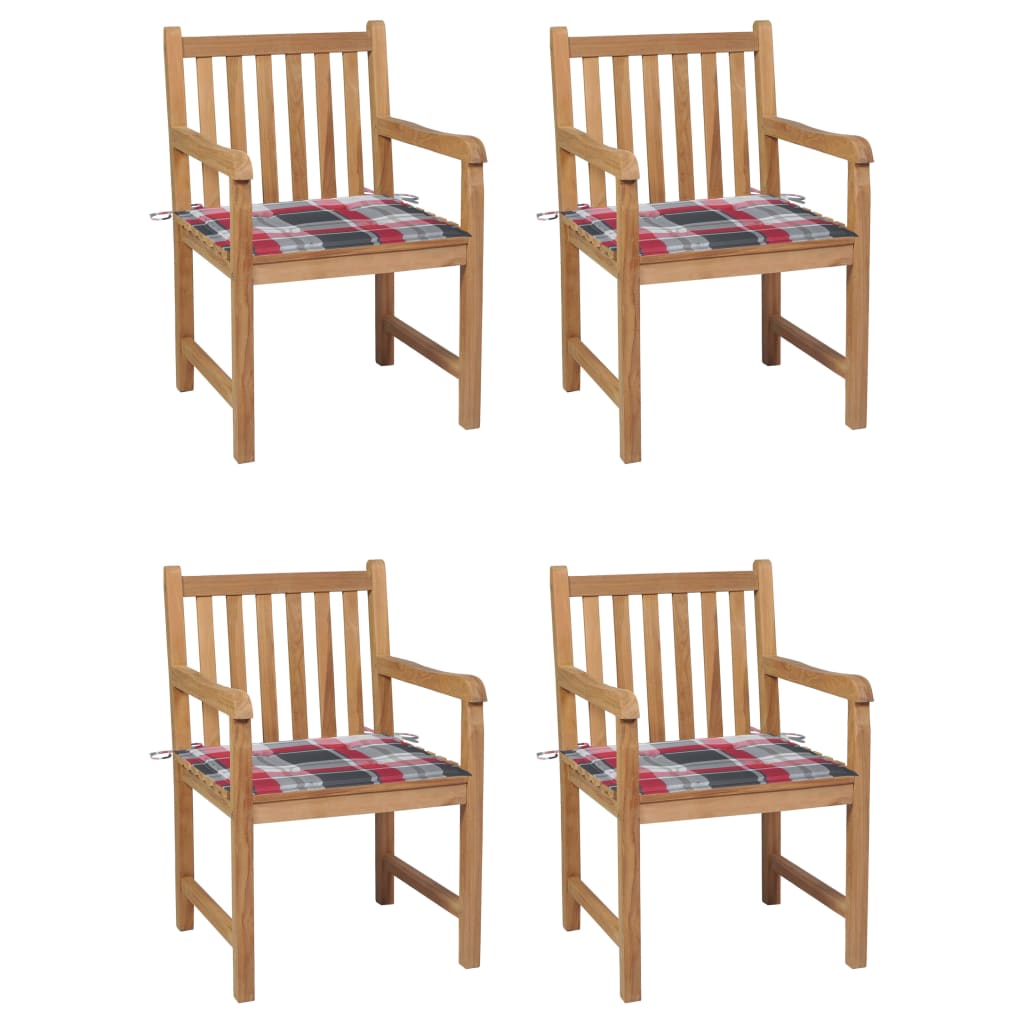 Tuinstoelen 4 st met rood geruite kussens massief teakhout – afbeelding 1