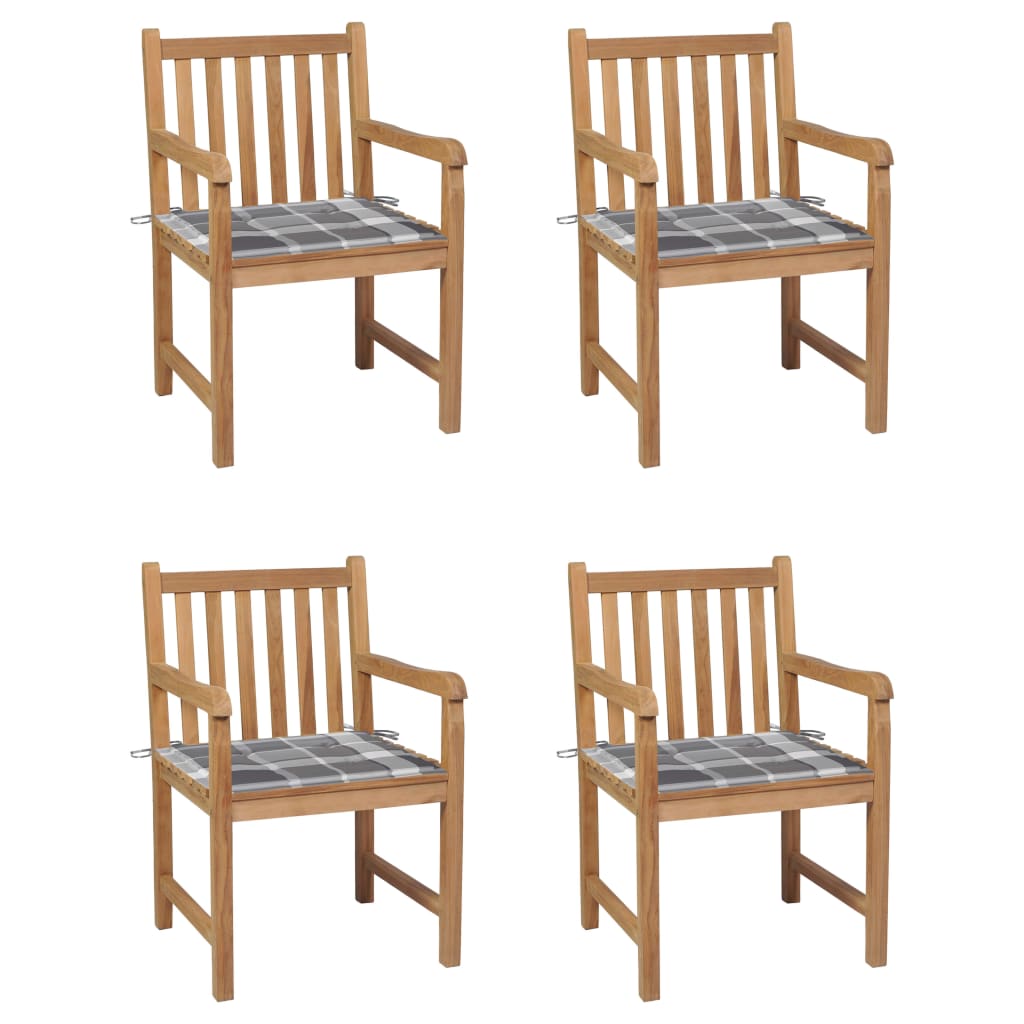 Tuinstoelen 4 st met grijs geruite kussens massief teakhout – afbeelding 1