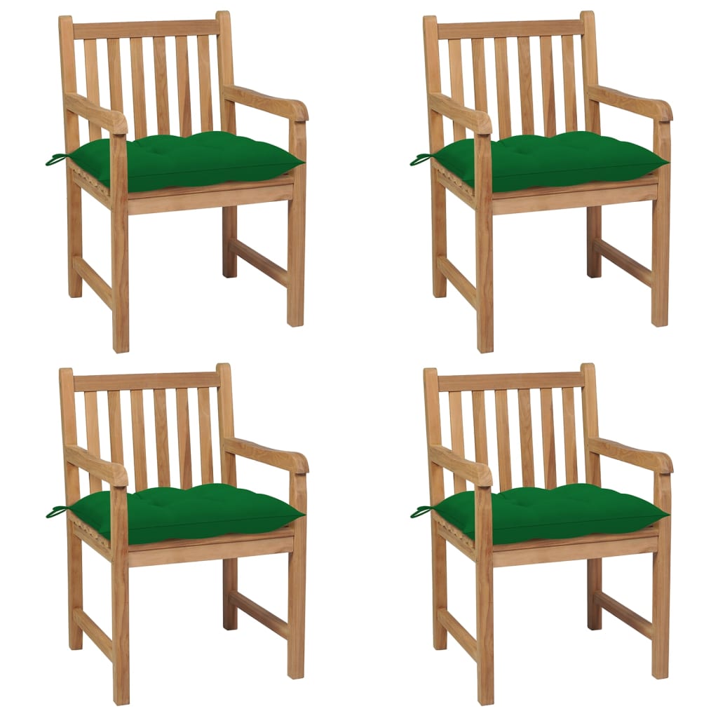 Tuinstoelen 4 st met groene kussens massief teakhout – afbeelding 1