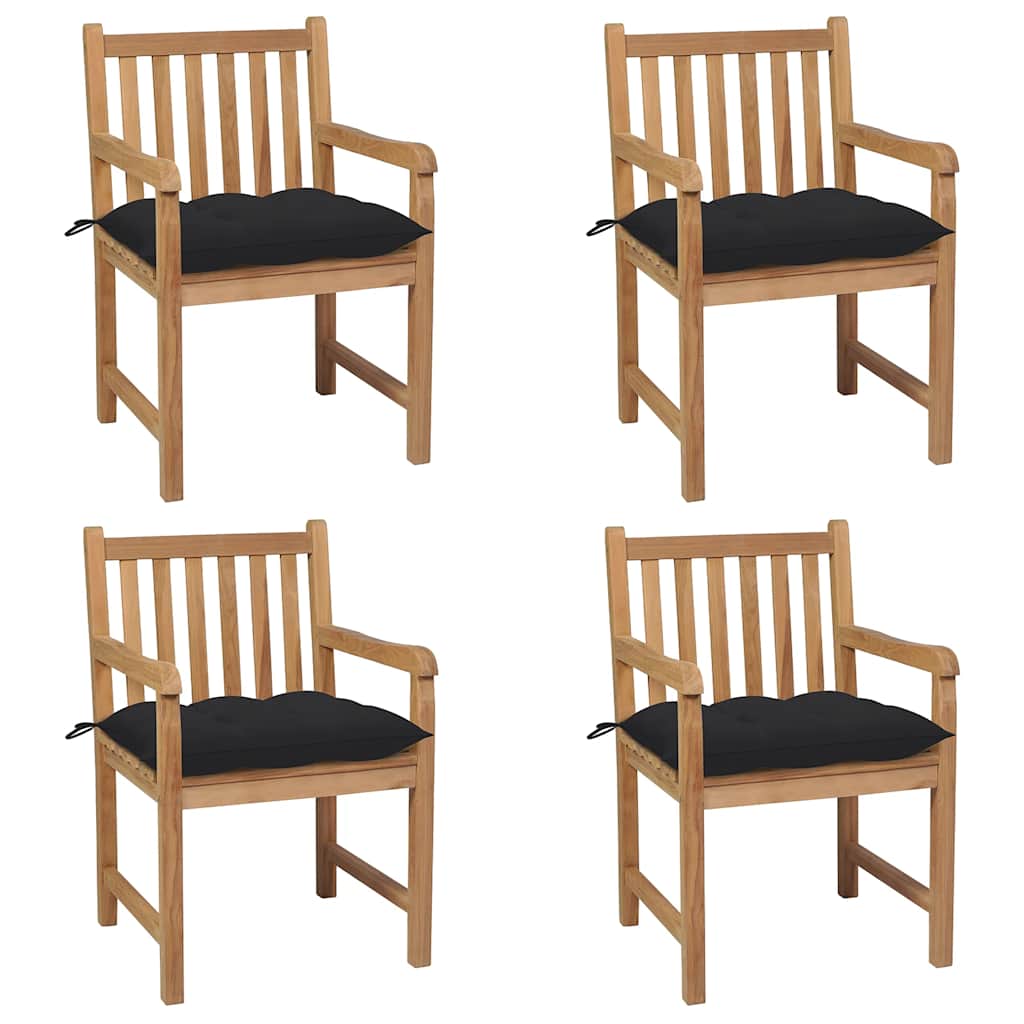 Tuinstoelen 4 st met zwarte kussens massief teakhout