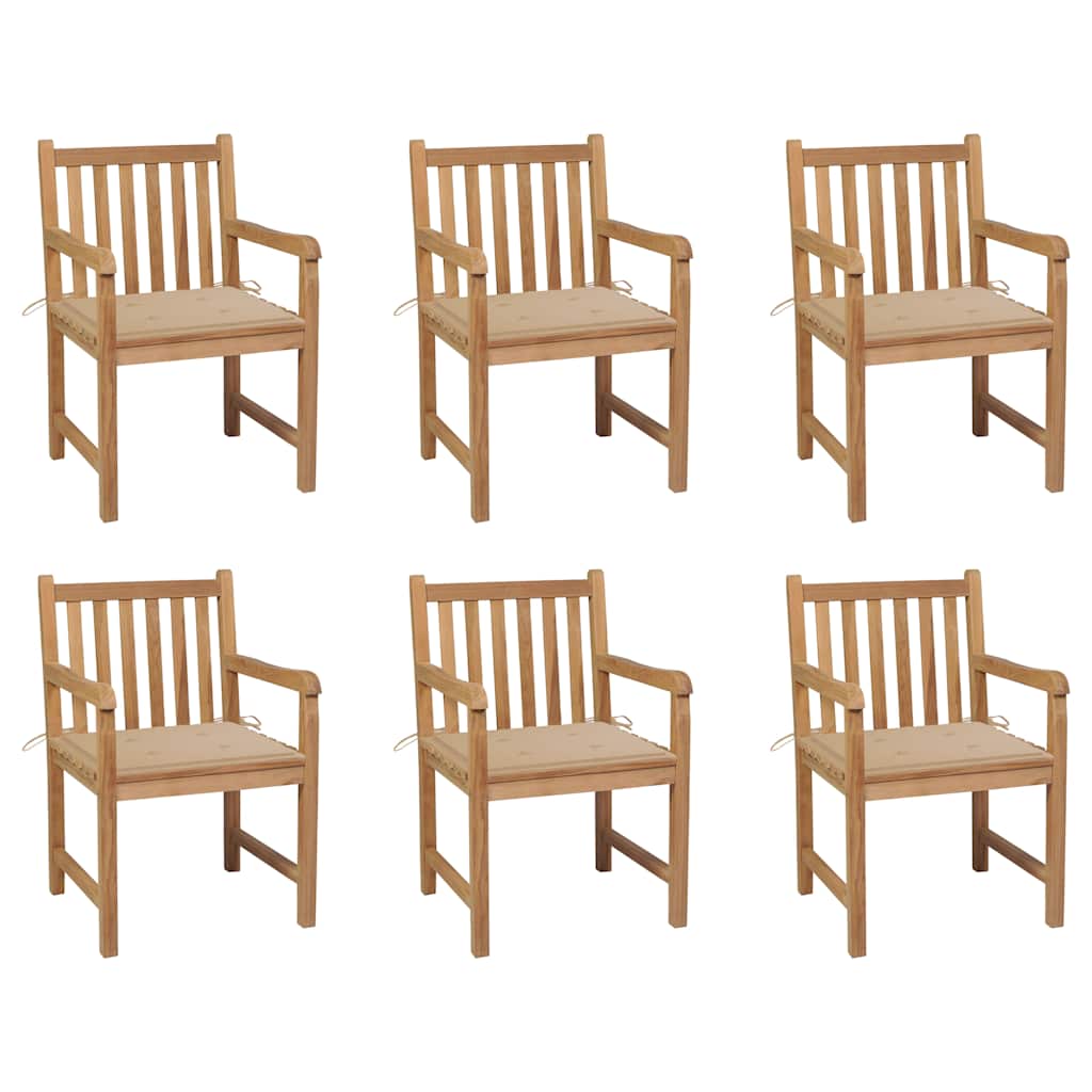 Tuinstoelen 6 st met beige kussens massief teakhout – afbeelding 1