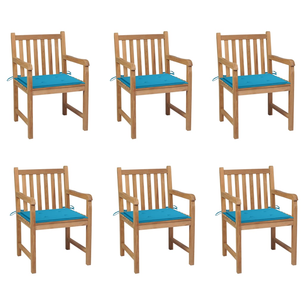 Tuinstoelen 6 st met blauwe kussens massief teakhout
