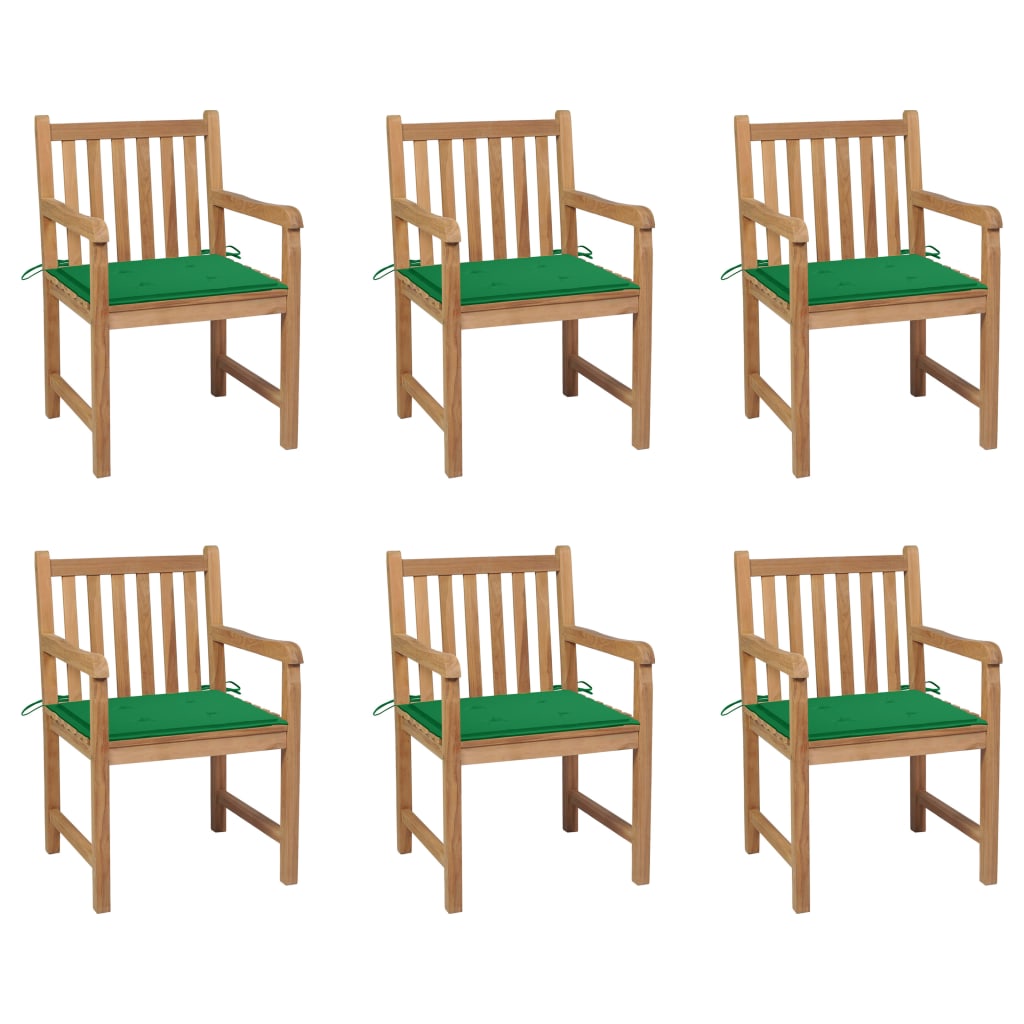 Tuinstoelen 6 st met groene kussens massief teakhout – afbeelding 1
