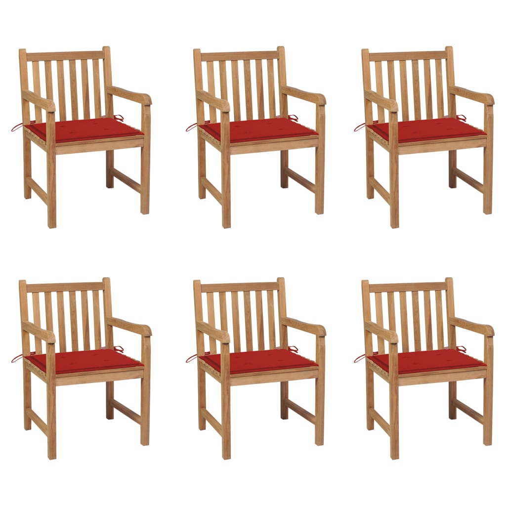 Tuinstoelen 6 st met rode kussens massief teakhout – afbeelding 1