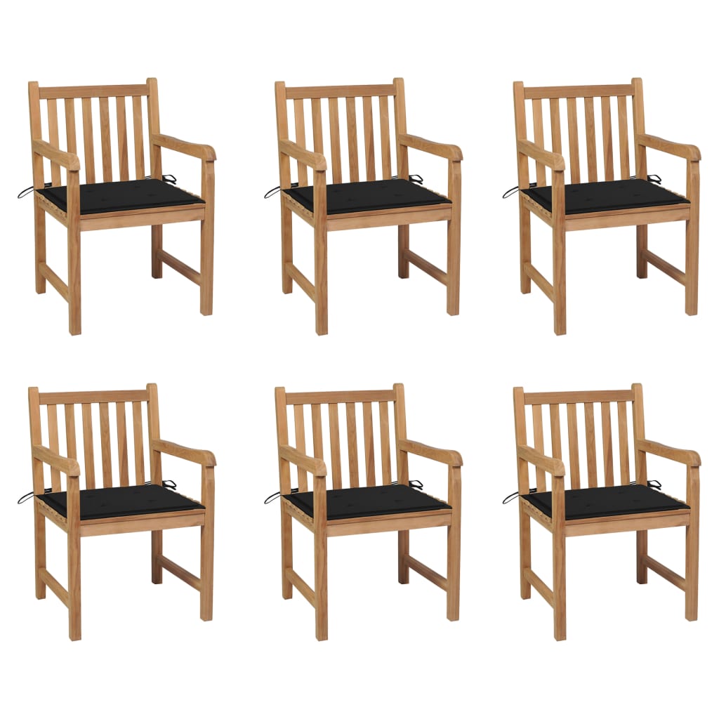 Tuinstoelen 6 st met zwarte kussens massief teakhout – afbeelding 1