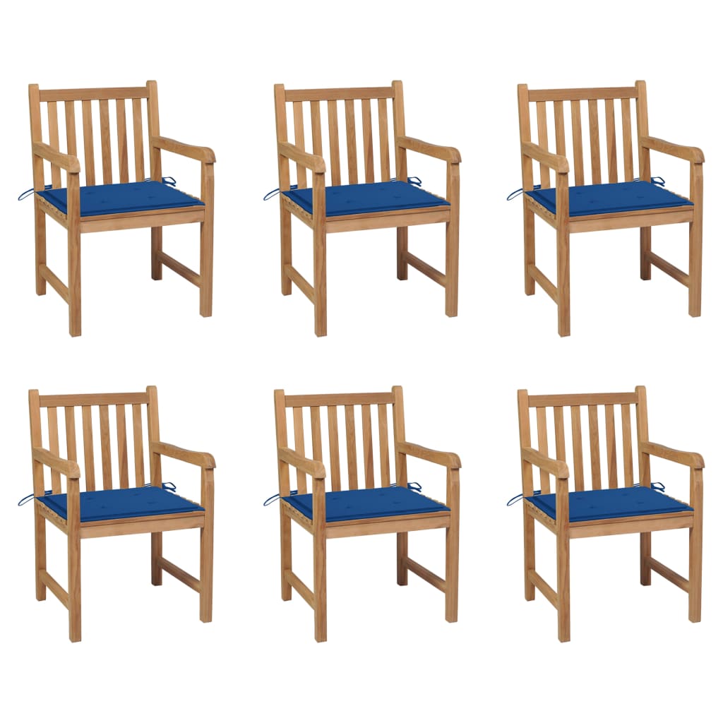 Tuinstoelen 6 st met koningsblauwe kussens massief teakhout – afbeelding 1