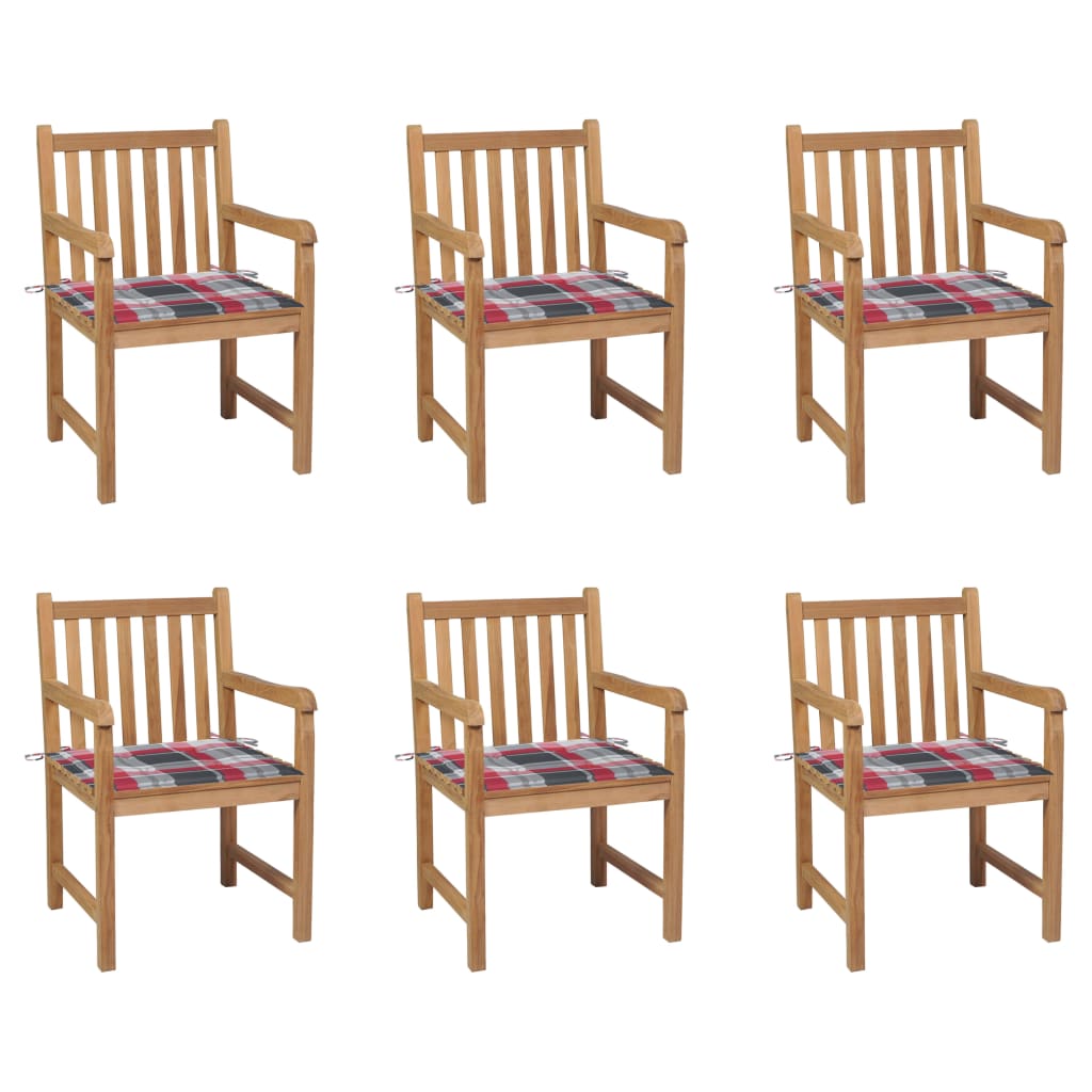Tuinstoelen 6 st met rood geruite kussens massief teakhout – afbeelding 1