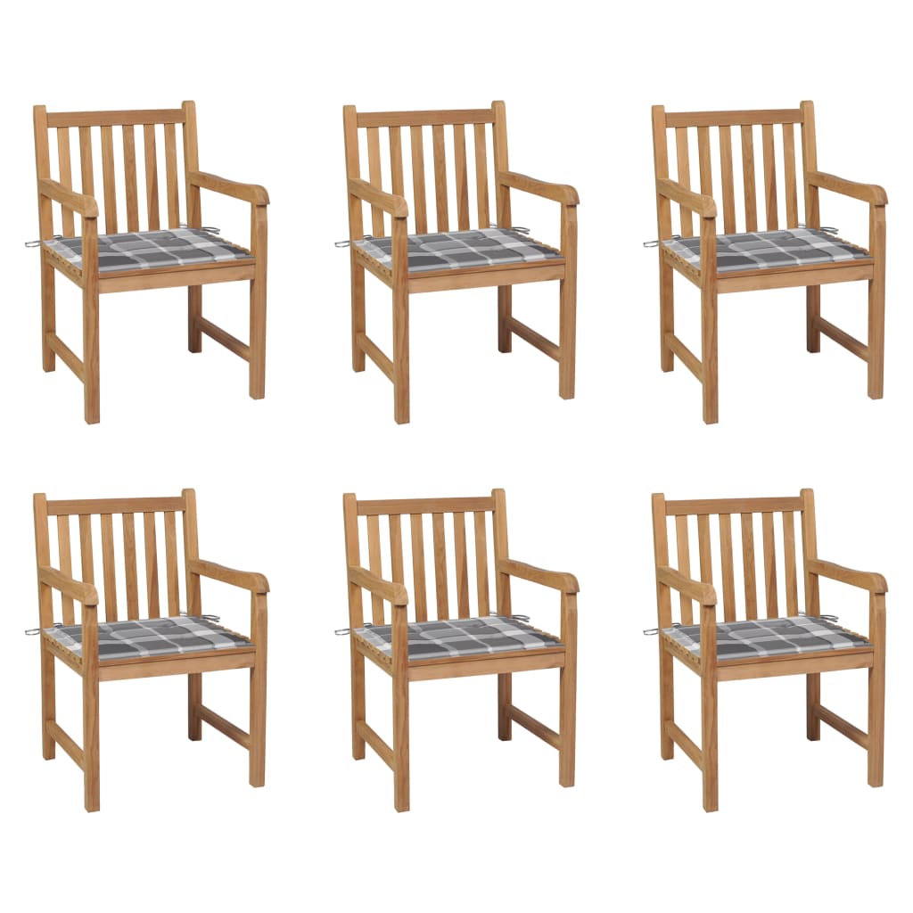 Tuinstoelen 6 st met grijs geruite kussens massief teakhout – afbeelding 1