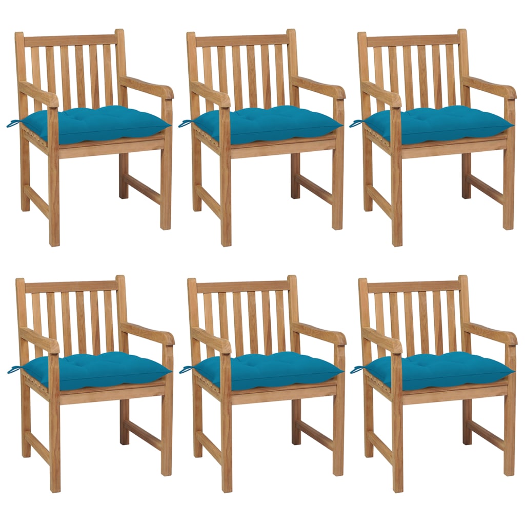 Tuinstoelen 6 st met lichtblauwe kussens massief teakhout