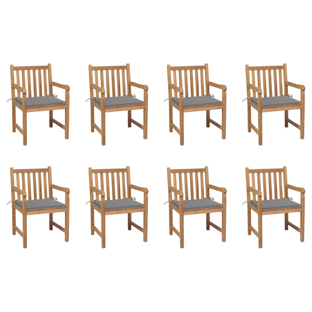 Tuinstoelen 8 st met grijze kussens massief teakhout – afbeelding 1