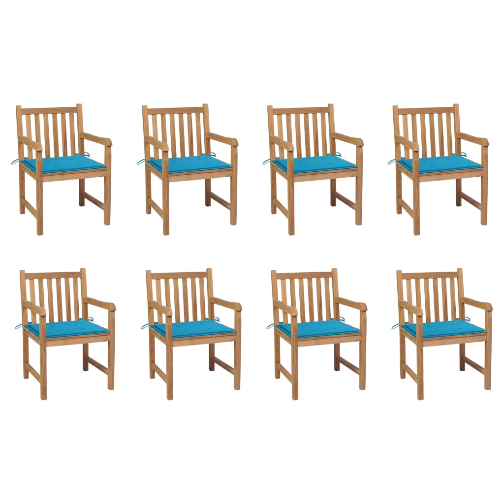 Tuinstoelen 8 st met blauwe kussens massief teakhout – afbeelding 1