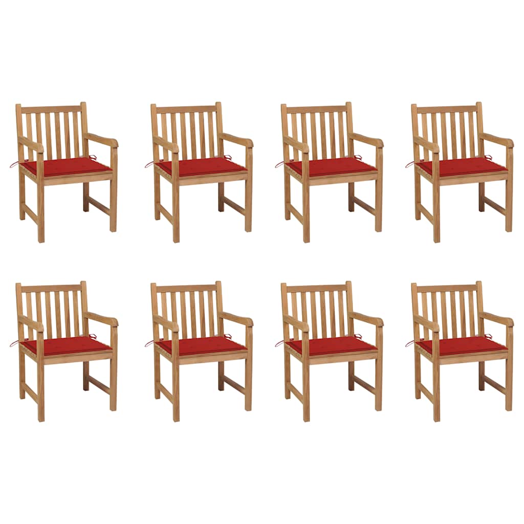 Tuinstoelen 8 st met rode kussens massief teakhout