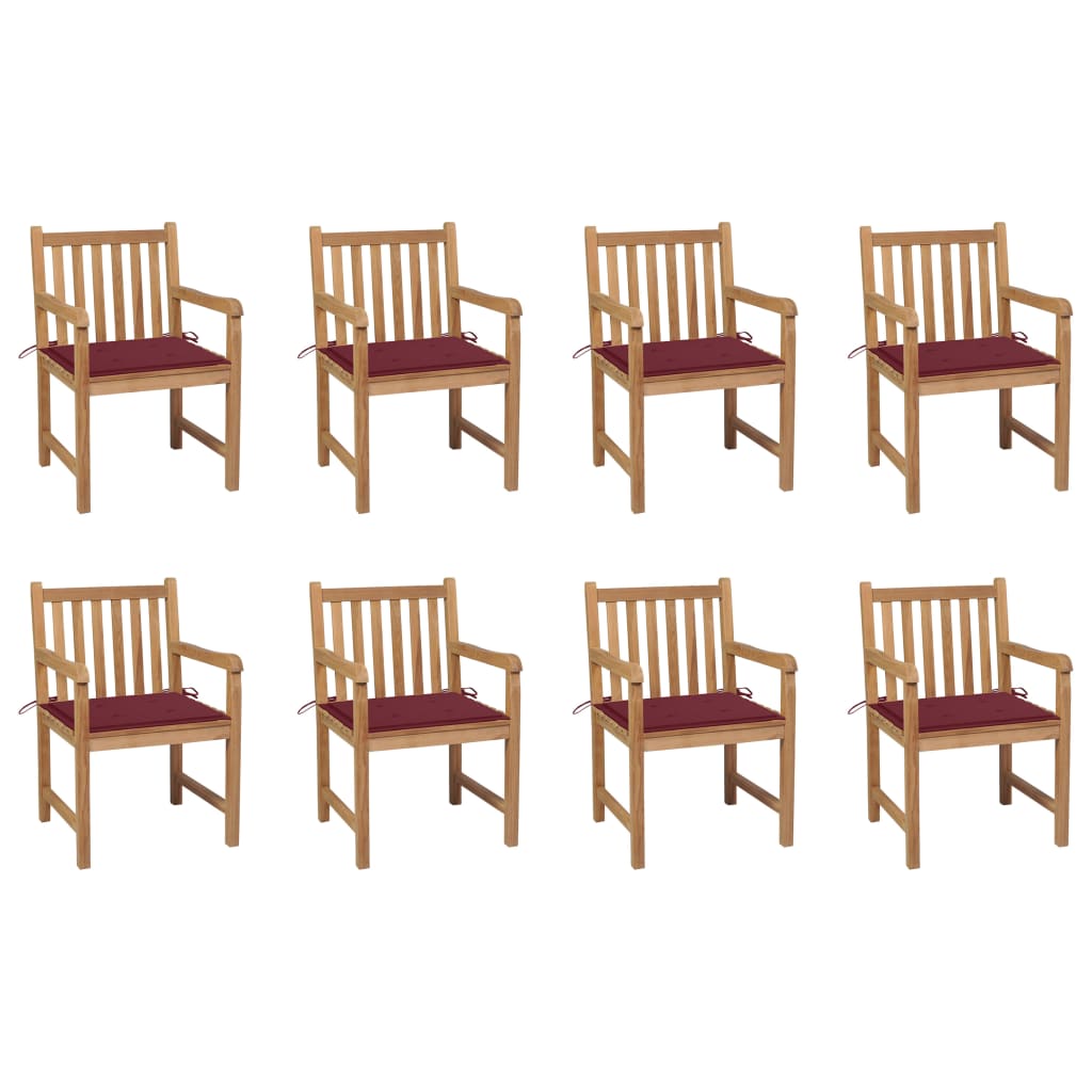Tuinstoelen 8 st met wijnrode kussens massief teakhout – afbeelding 1
