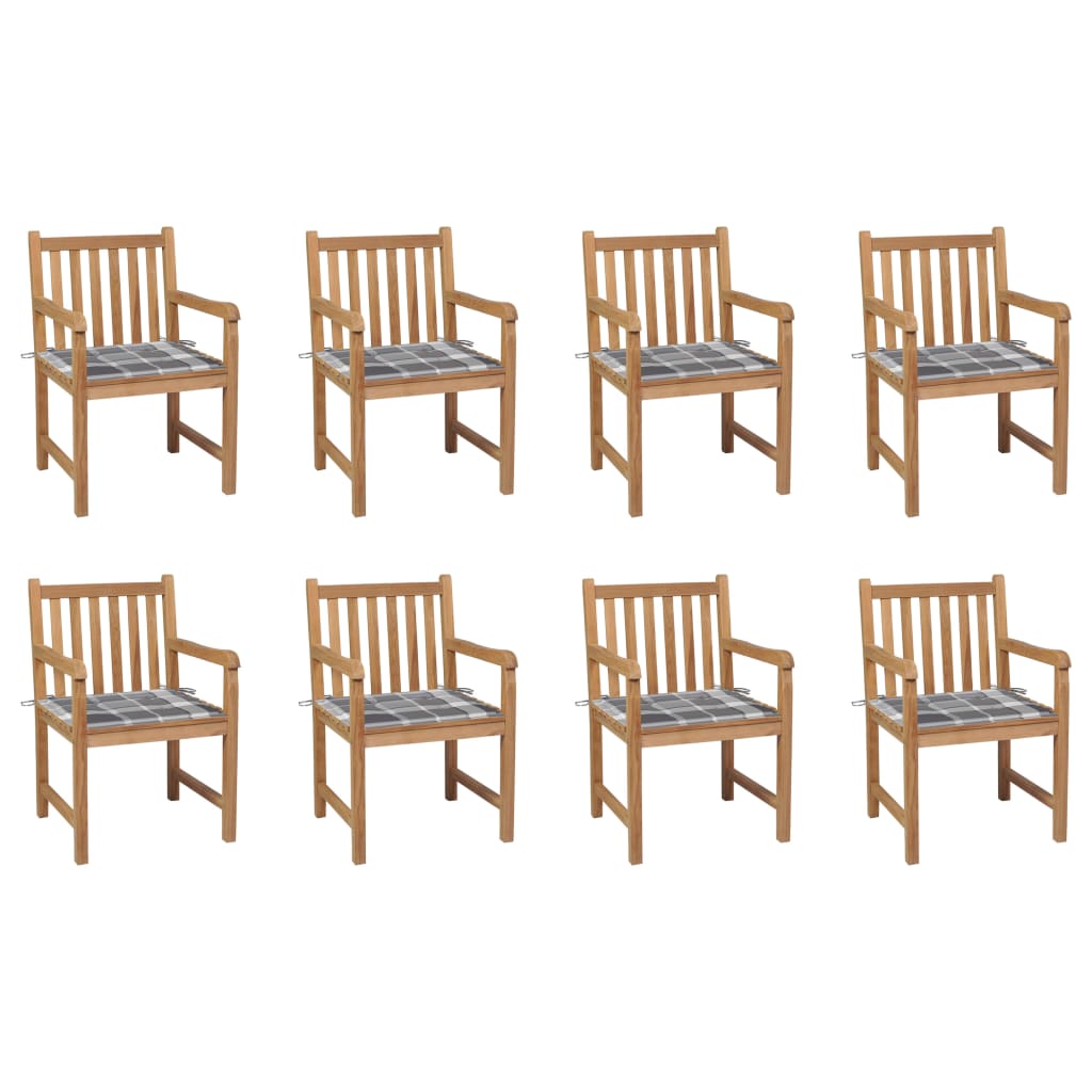 Tuinstoelen 8 st met grijs geruite kussens massief teakhout – afbeelding 1